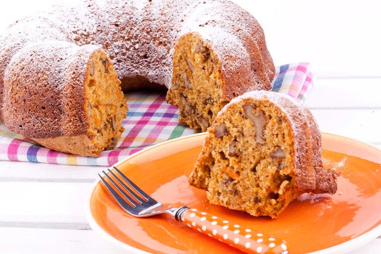 A moist carrot walnut bundt cake with a hint of True Lemon zest