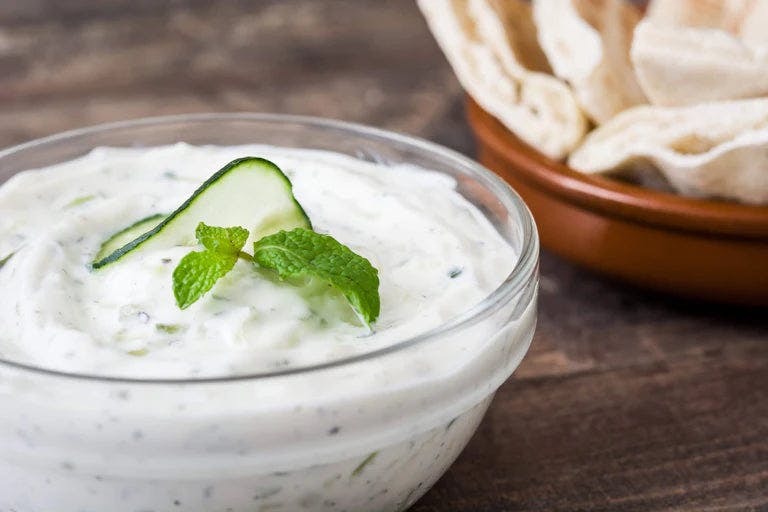 A refreshing bowl of traditional tzatziki dip