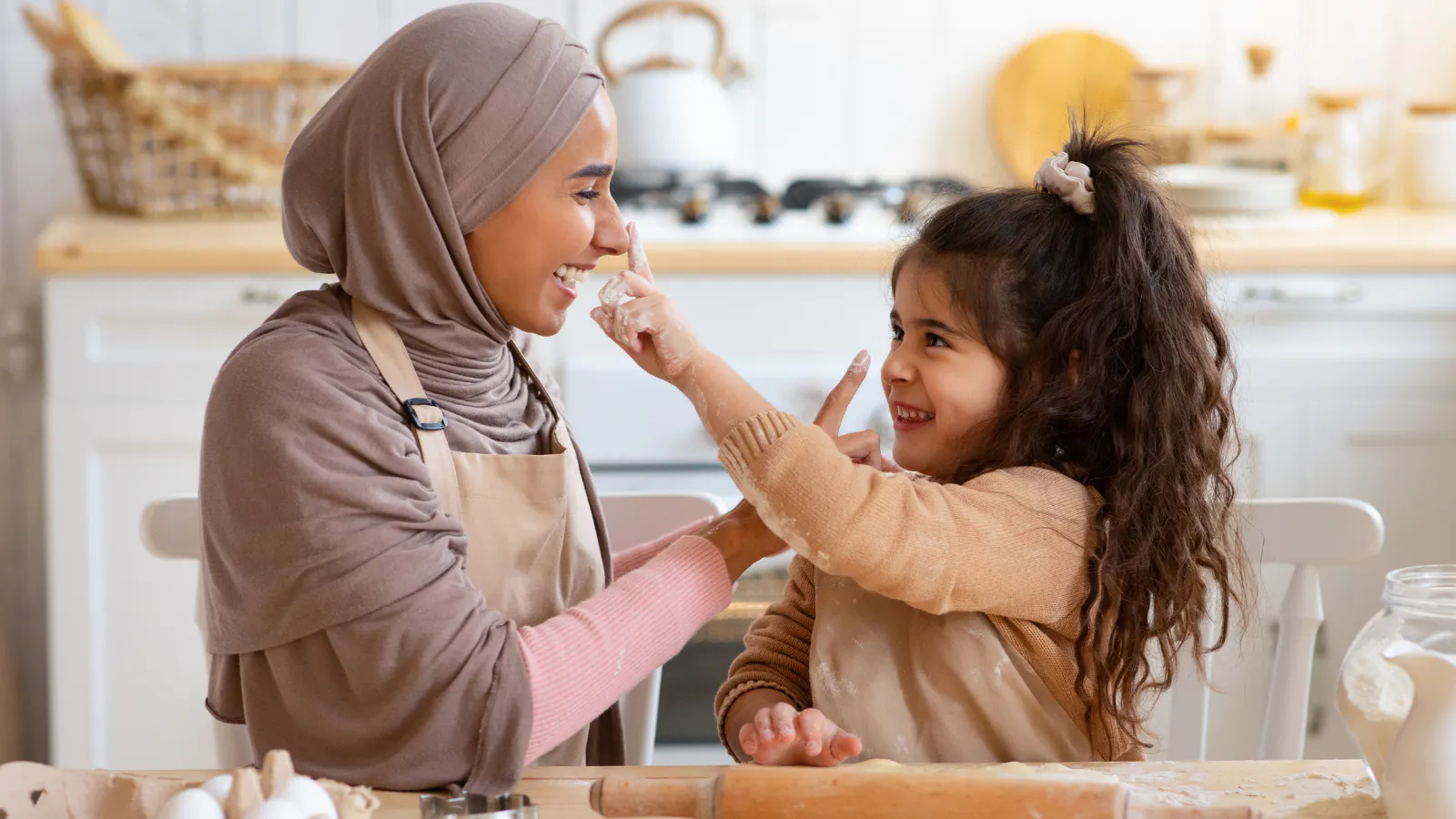 Mother and child baking together