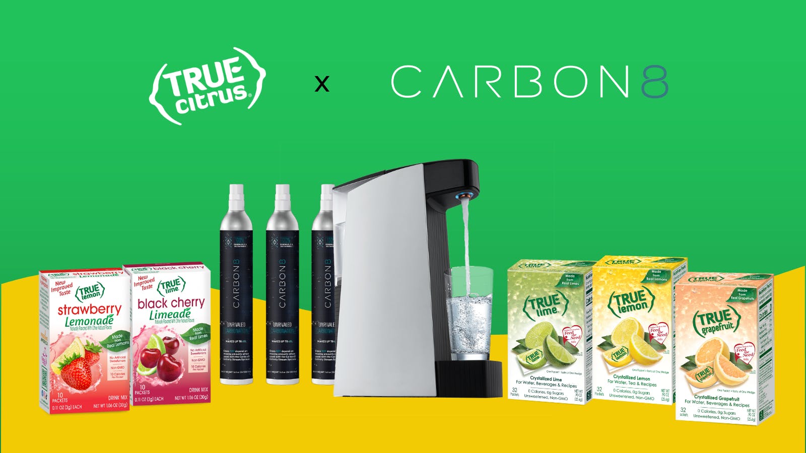 True Lemon products, CO2 canisters & Carbon8 machine with logos, green background & yellow wave.