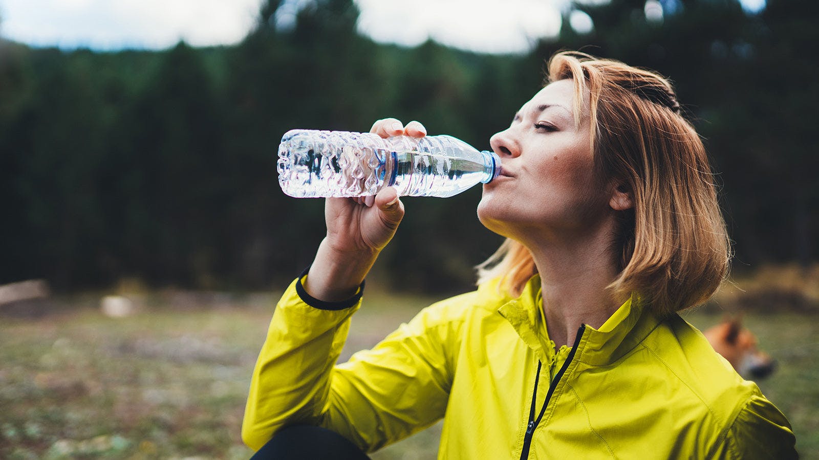 Woman drinks bottle of water outside while hiking