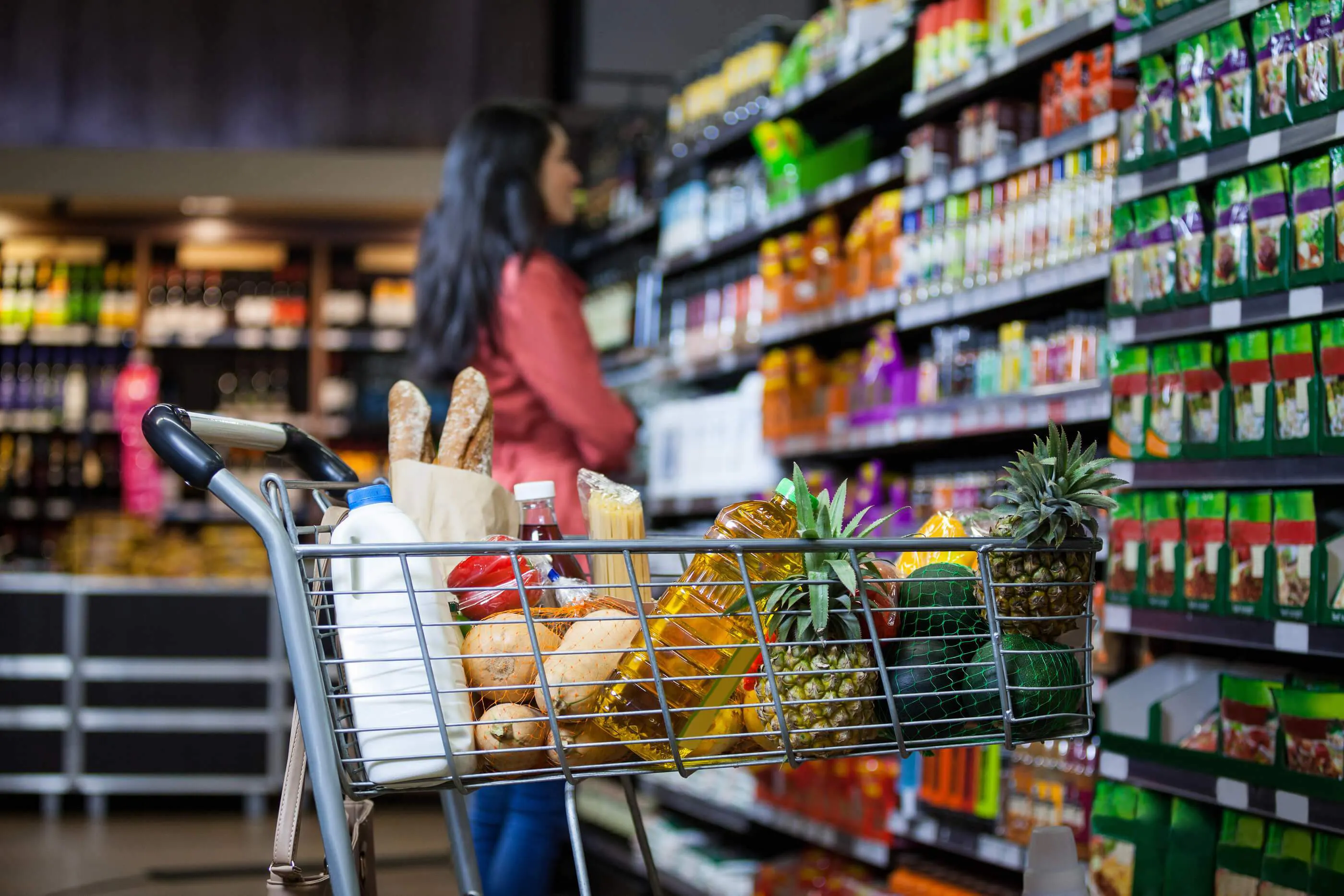 grocery cart with various items inside of it