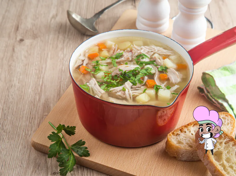 Red pot of chicken soup with carrots and potatoes garnished with herbs