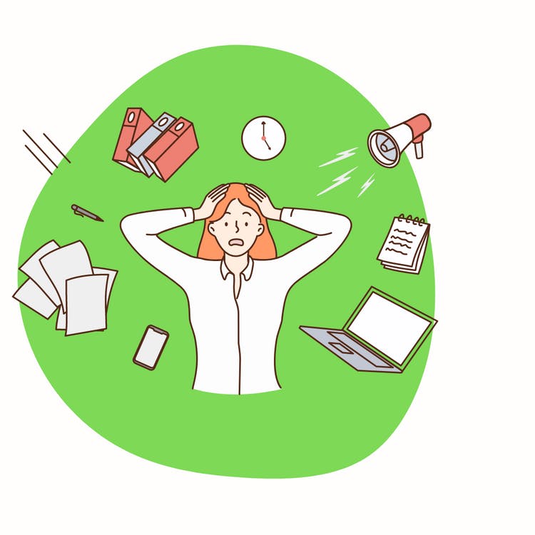 Drawing of a person looking very stressed, with objects of responsibility flying around them.