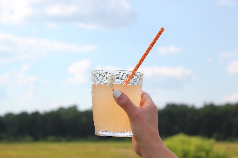 Glass of lemonade with a flower held to the sky